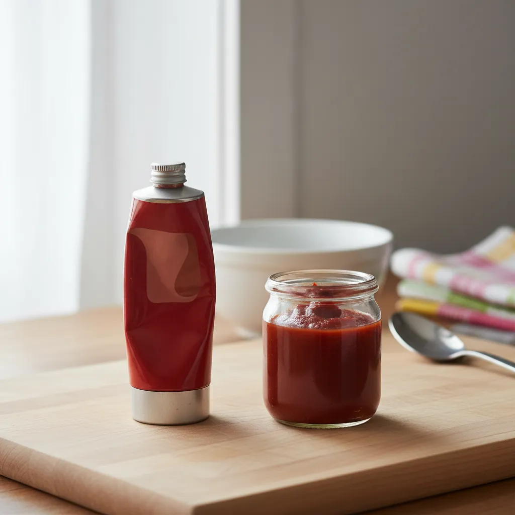 Tube of tomato paste next to a glass container of paste