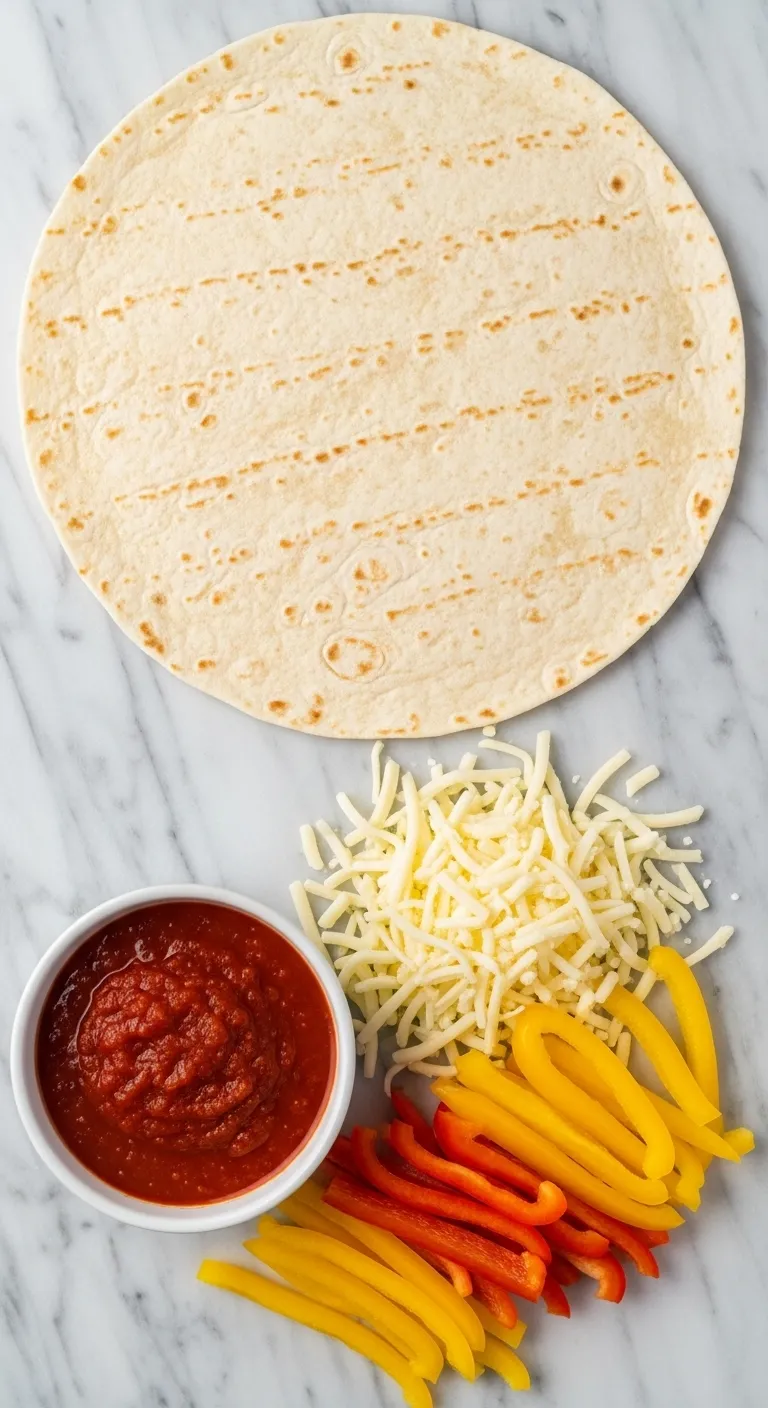 Ingredients for tortilla pizza including sauce cheese and peppers