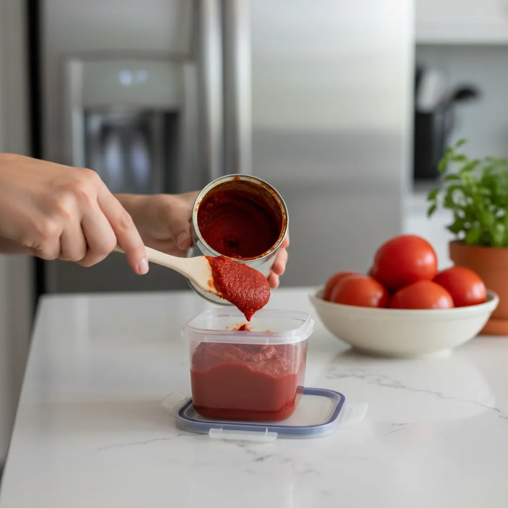 Spatula scooping tomato paste from can to plastic container