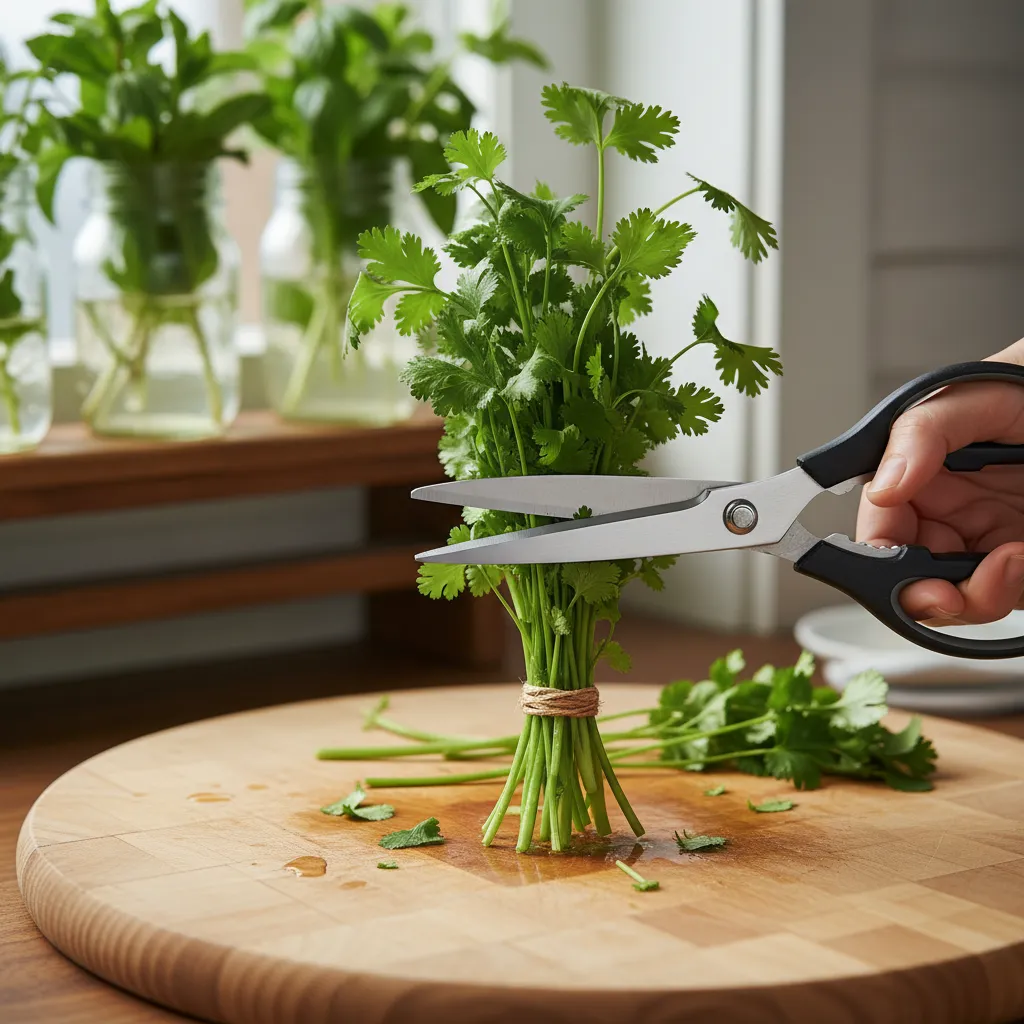 Kitchen shears trimming the ends of fresh cilantro stems on a wooden board