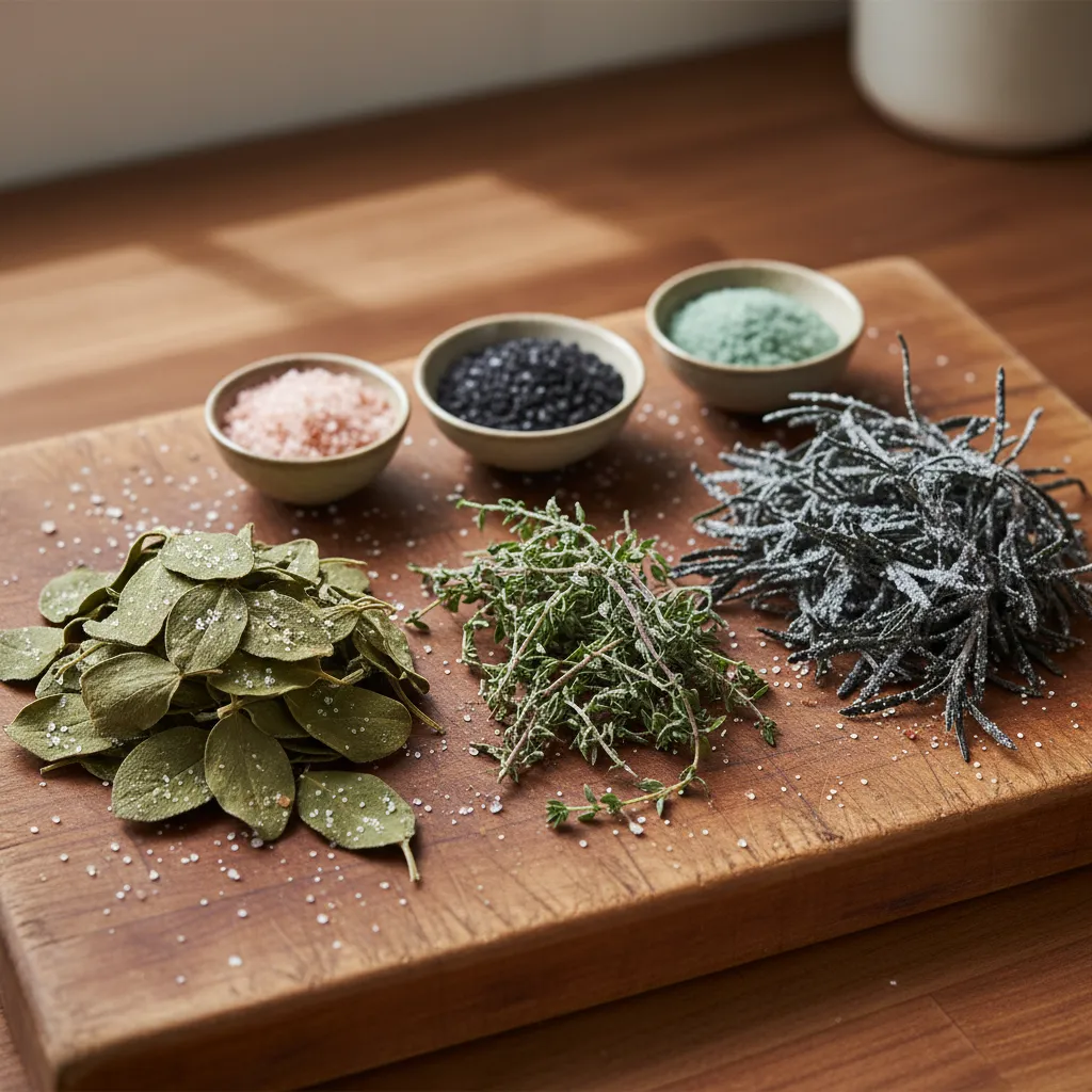 Sage thyme and rosemary leaves preserved in salt displayed on a wooden board