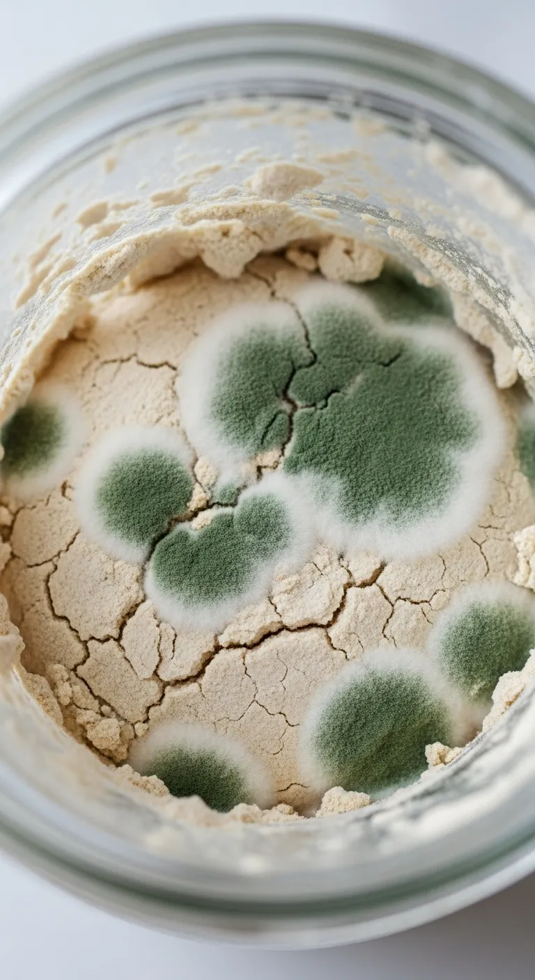 A detailed shot of colorful fuzzy mold growing on the side of a sourdough jar