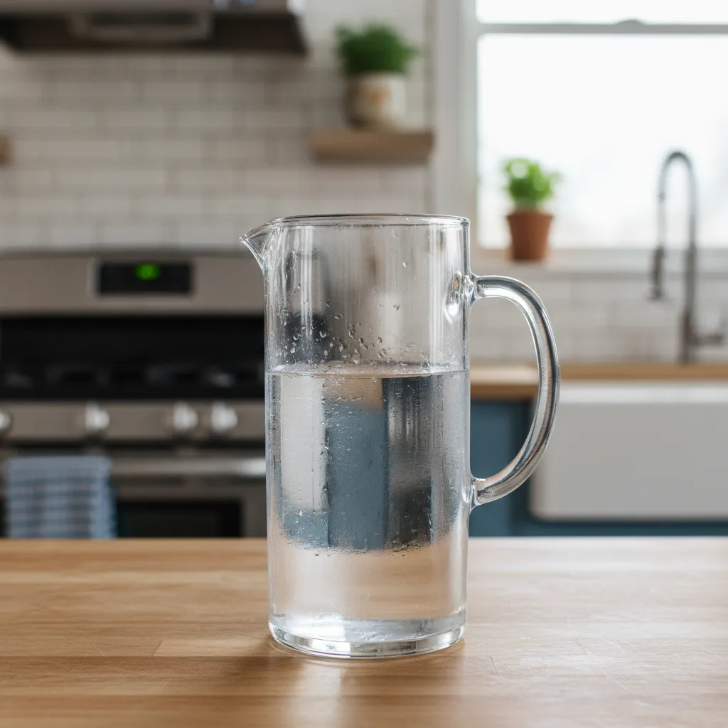 A glass pitcher of water being prepared for sourdough starter feeding.