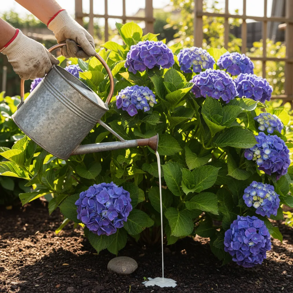 Gardener applying homemade whey fertilizer to hydrangea bush