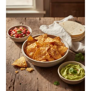 Golden brown homemade tortilla chips made from stale flour tortillas served with fresh salsa and guacamole on a wooden table.