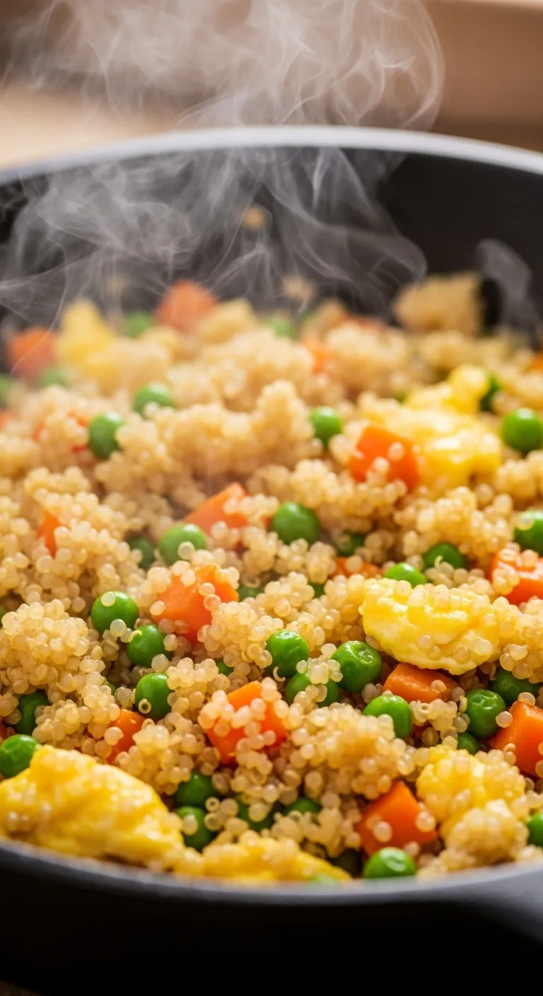 Close up of quinoa fried rice in a skillet with vegetables and egg for a quick healthy dinner