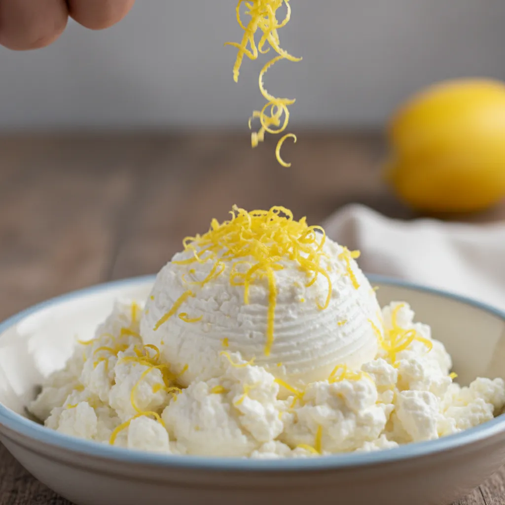 Lemon zest on strained ricotta cheese