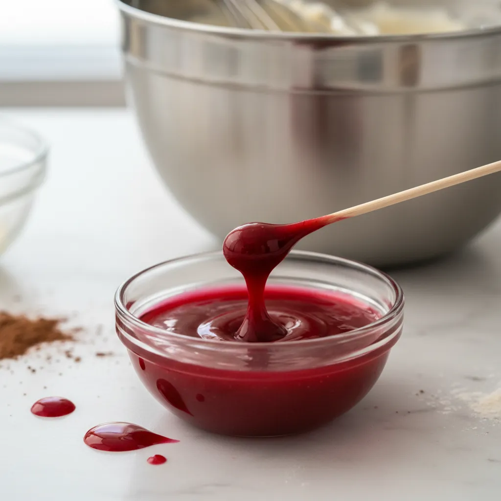 Gel food coloring being prepared for cake batter