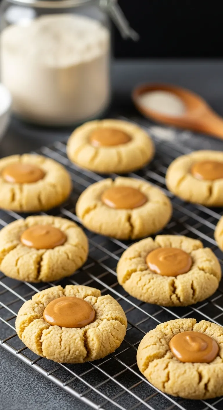 Golden brown almond flour peanut butter blossom cookies cooling on a wire rack