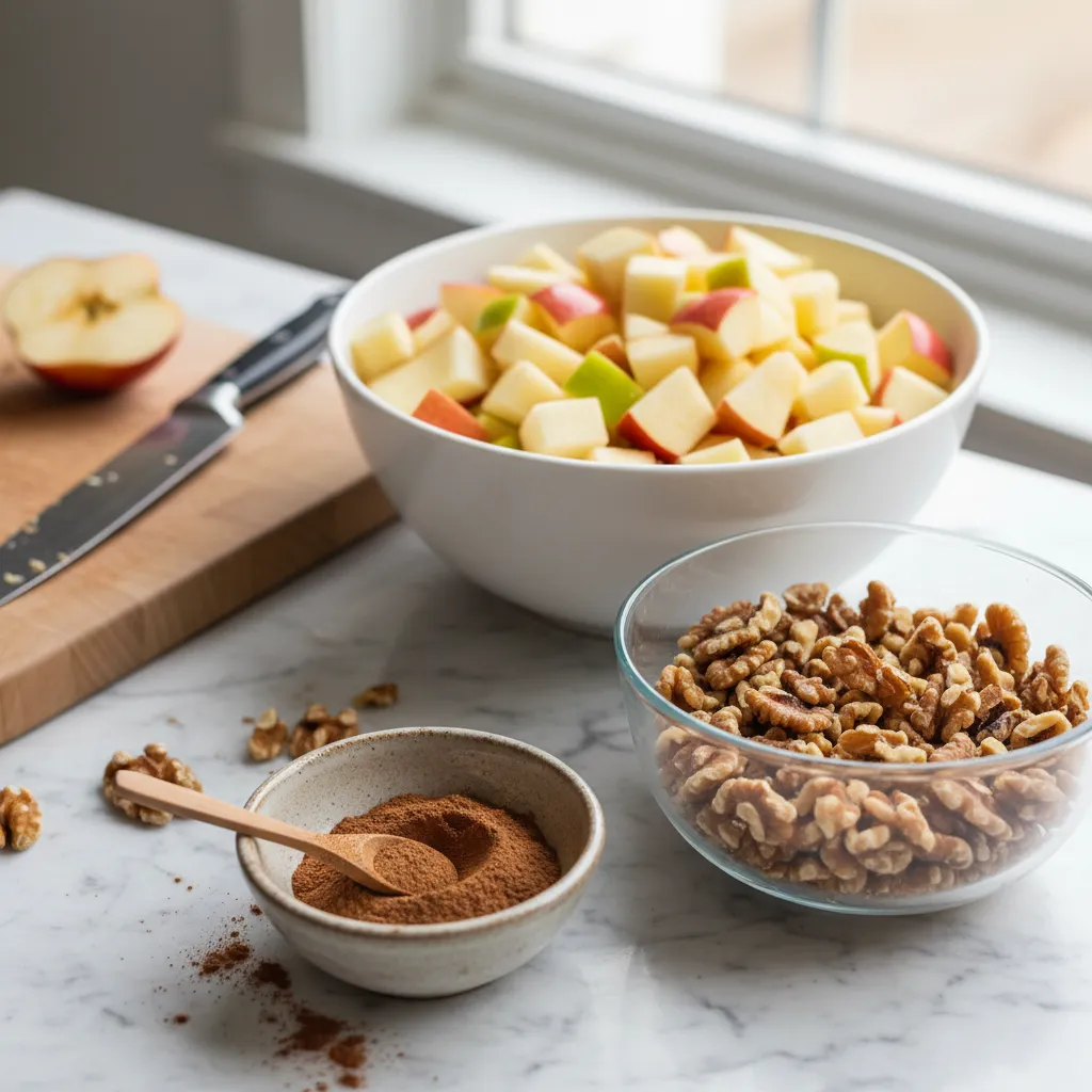 Prepped ingredients for apple walnut coffee cake on a counter