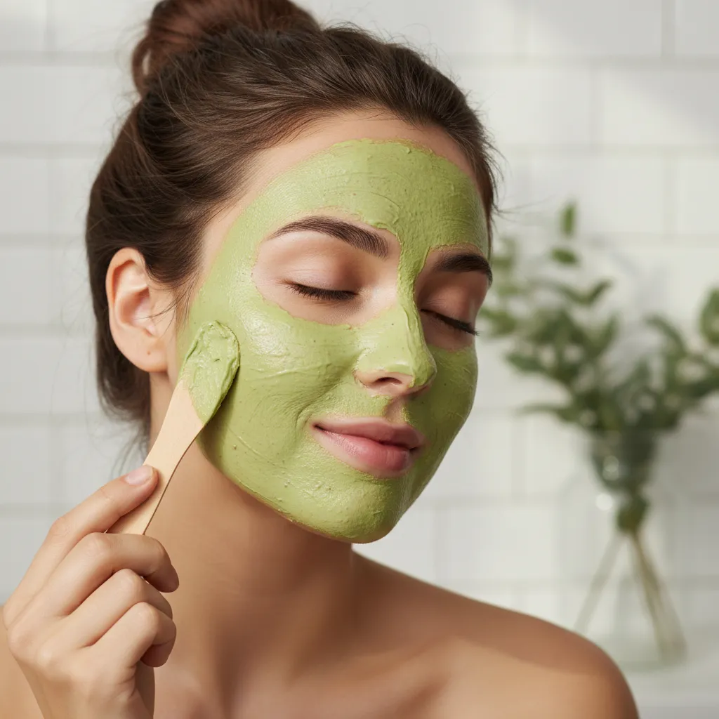 Applying homemade avocado face mask for hydration