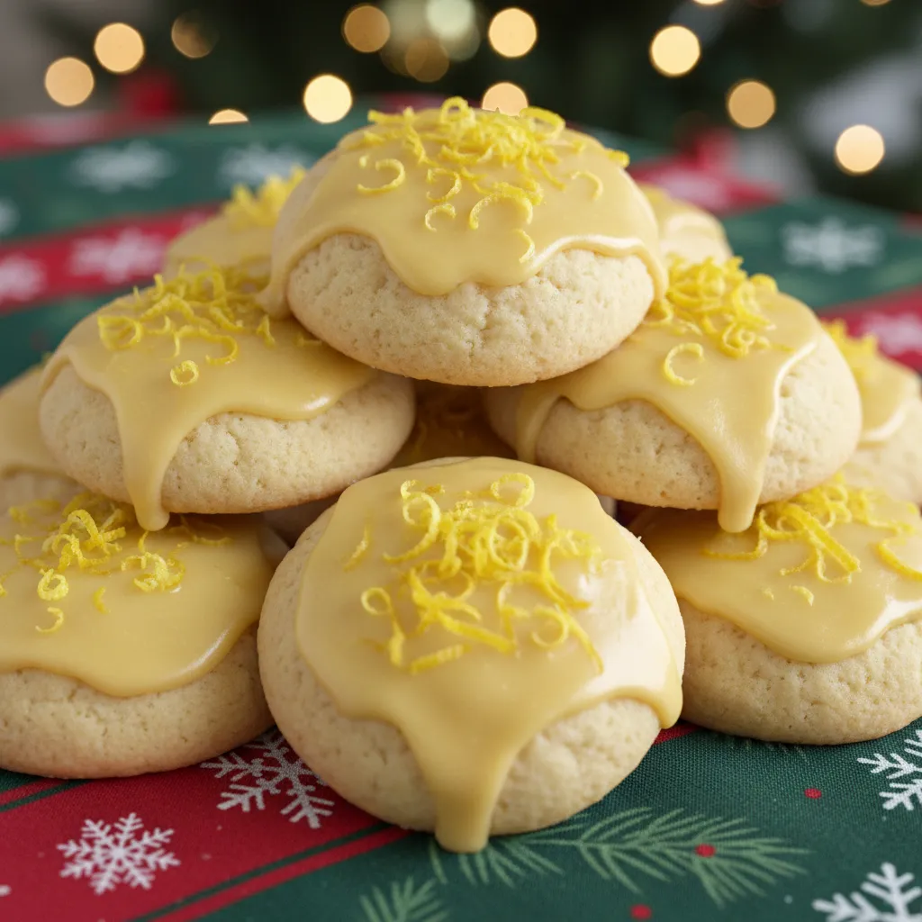 Fluffy holiday lemon ricotta cookies with lemon zest on a festive table