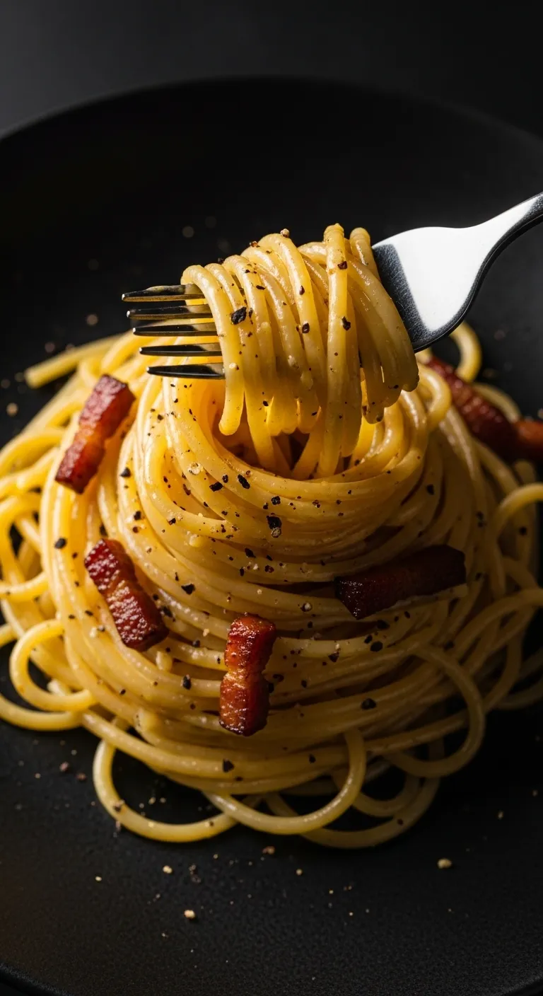 Glossy spaghetti carbonara with black pepper and cured pork