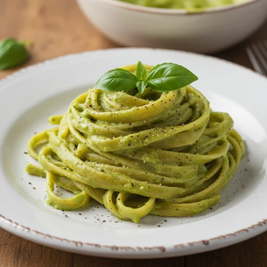Creamy dairy-free alfredo sauce made from avocados served over fettuccine