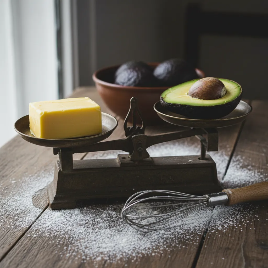 Vintage scale balancing butter and avocado for baking substitution
