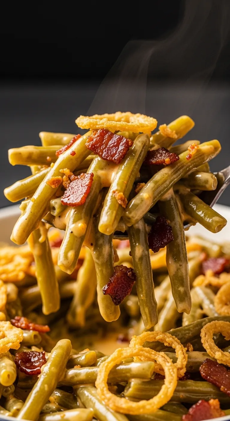 Close up of cheesy green bean casserole with bacon and fried onions