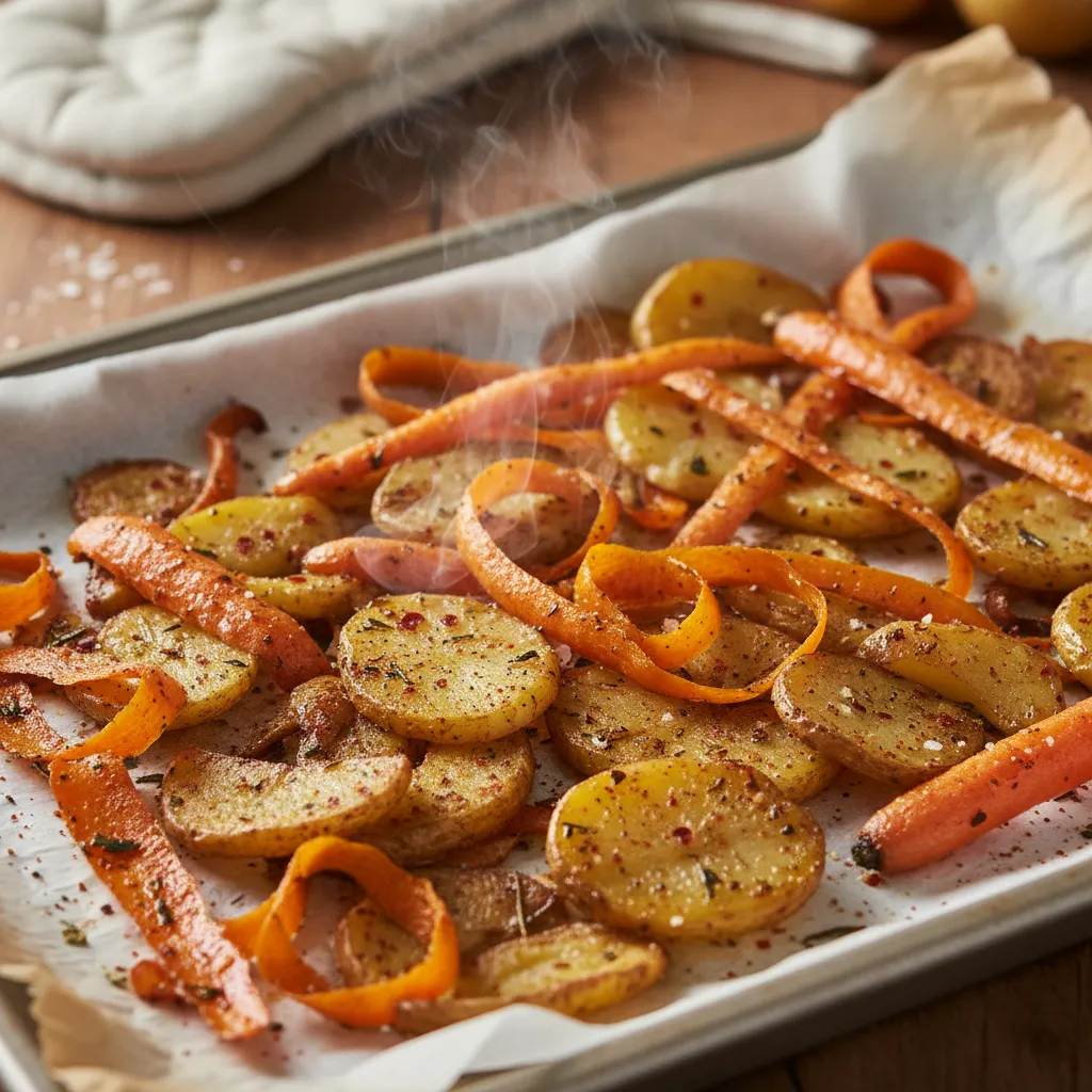 Seasoned vegetable peels roasting on a parchment lined baking sheet