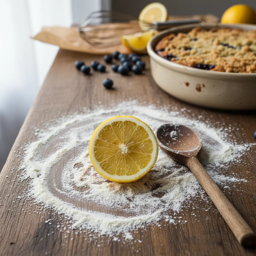 Baking tools and ingredients for a lemon blueberry coffee cake on a wooden table.
