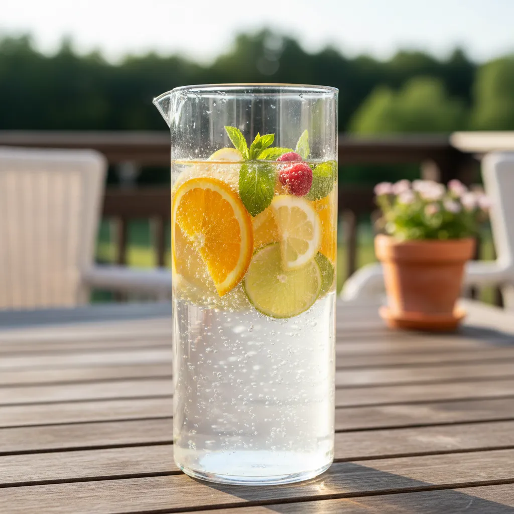 A large pitcher of citrus infused non alcoholic drink for a summer party