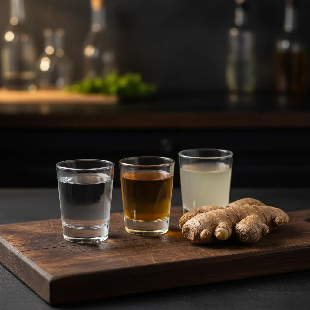 Glasses of vodka sherry and sake next to fresh ginger root