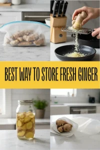 Fresh ginger root being grated on a wooden board next to frozen ginger paste cubes.