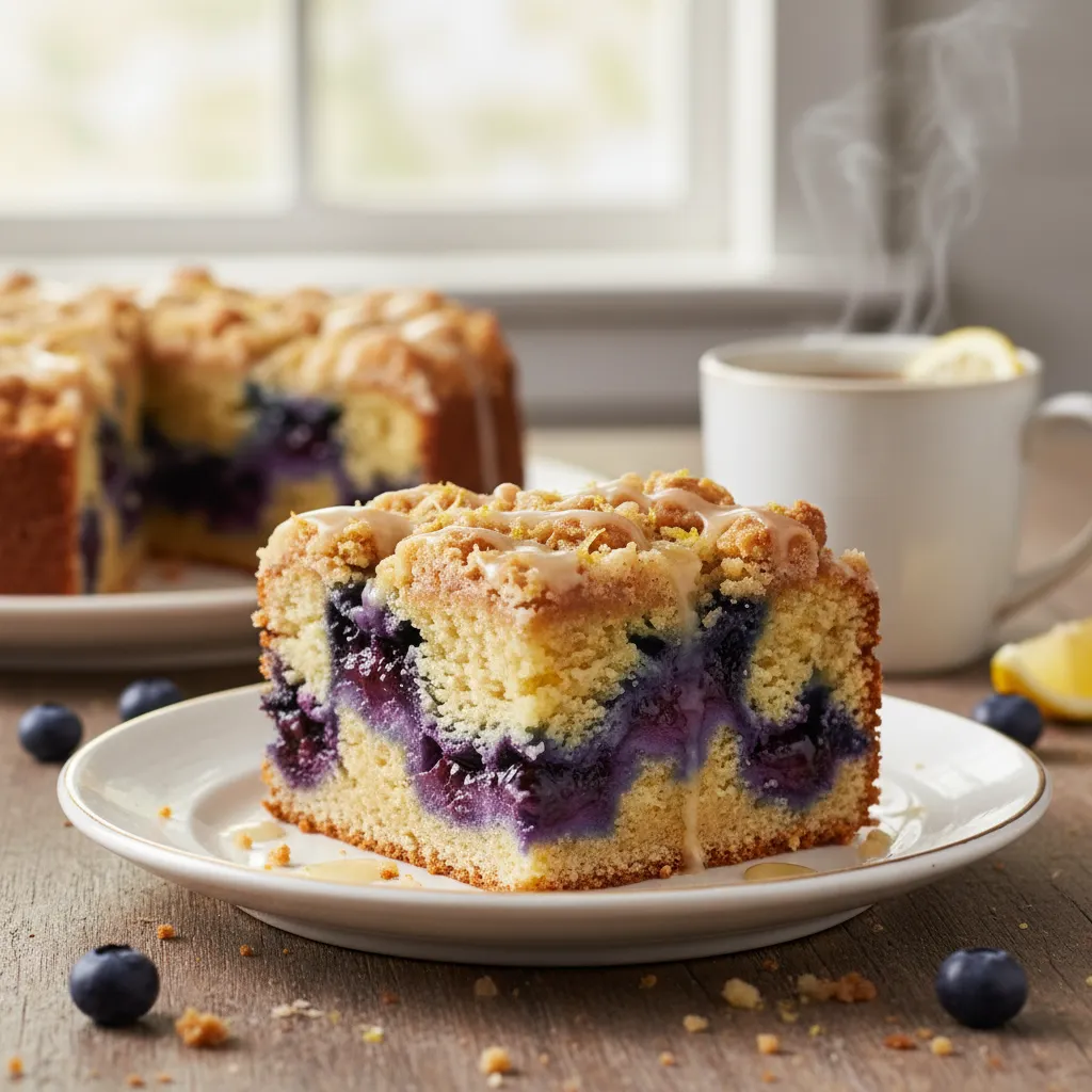 A slice of blueberry coffee cake showing the moist interior and purple fruit pockets.