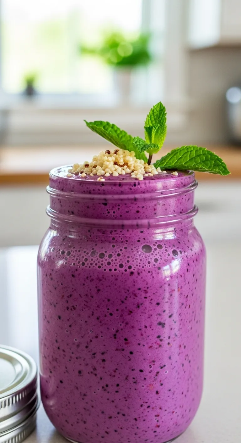 Purple blueberry smoothie made with cooked quinoa in a mason jar