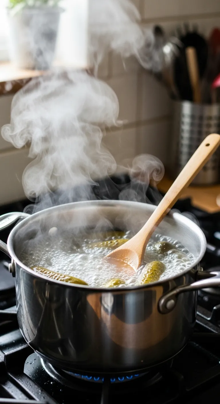 Simmering leftover pickle brine in a saucepan to kill bacteria