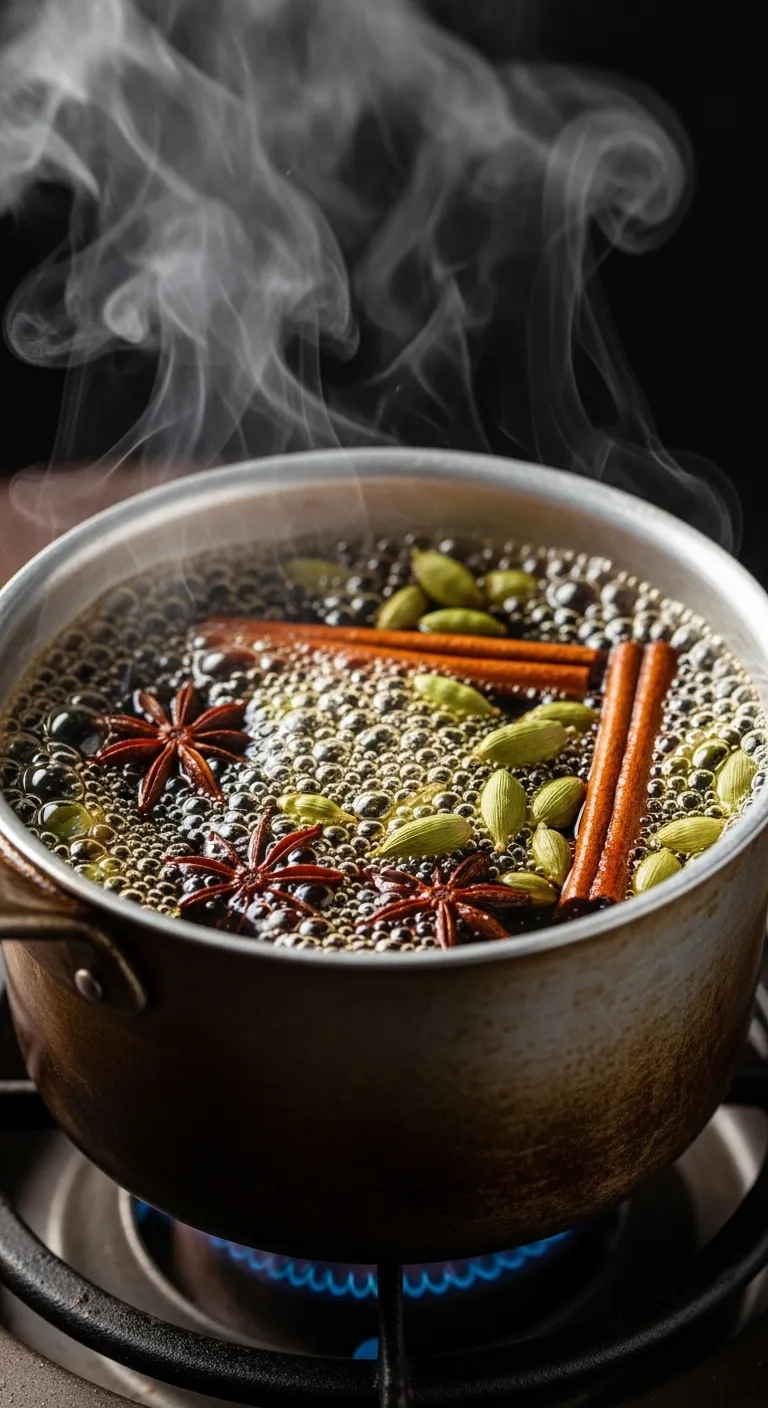 Simmering whole spices and black tea for authentic chai concentrate