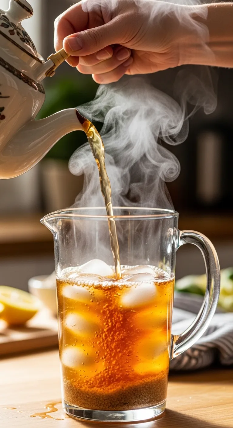 Pouring hot brewed tea into a pitcher