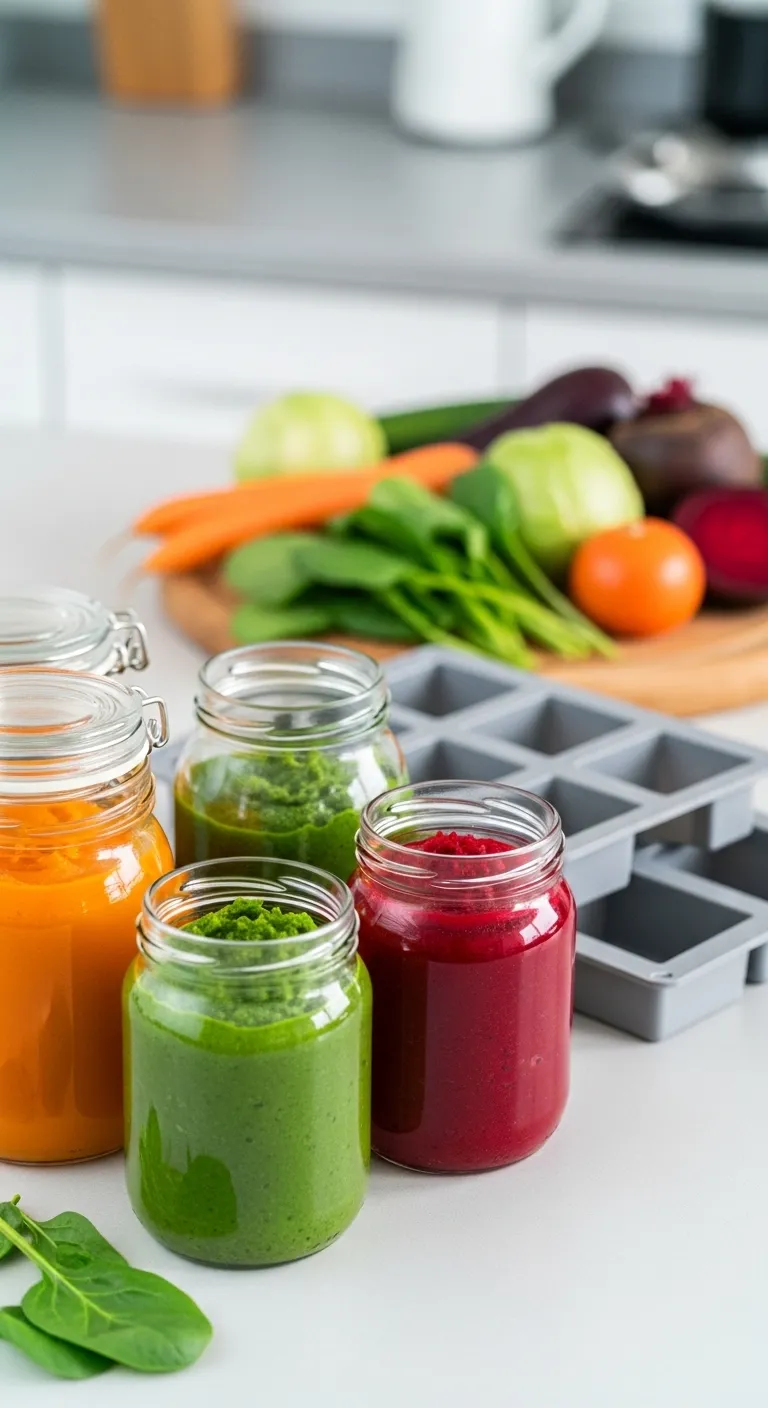 Glass jars of colorful vegetable purees and silicone freezer trays on a kitchen counter for meal prep