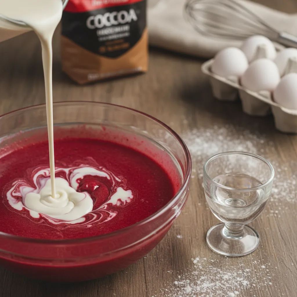 Buttermilk being added to red velvet cake batter