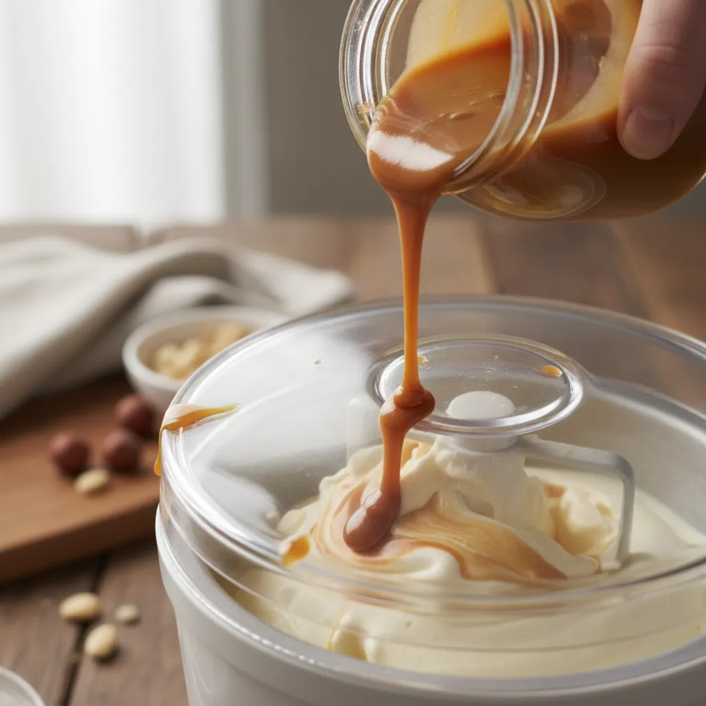Thick caramel sauce poured into ice cream maker