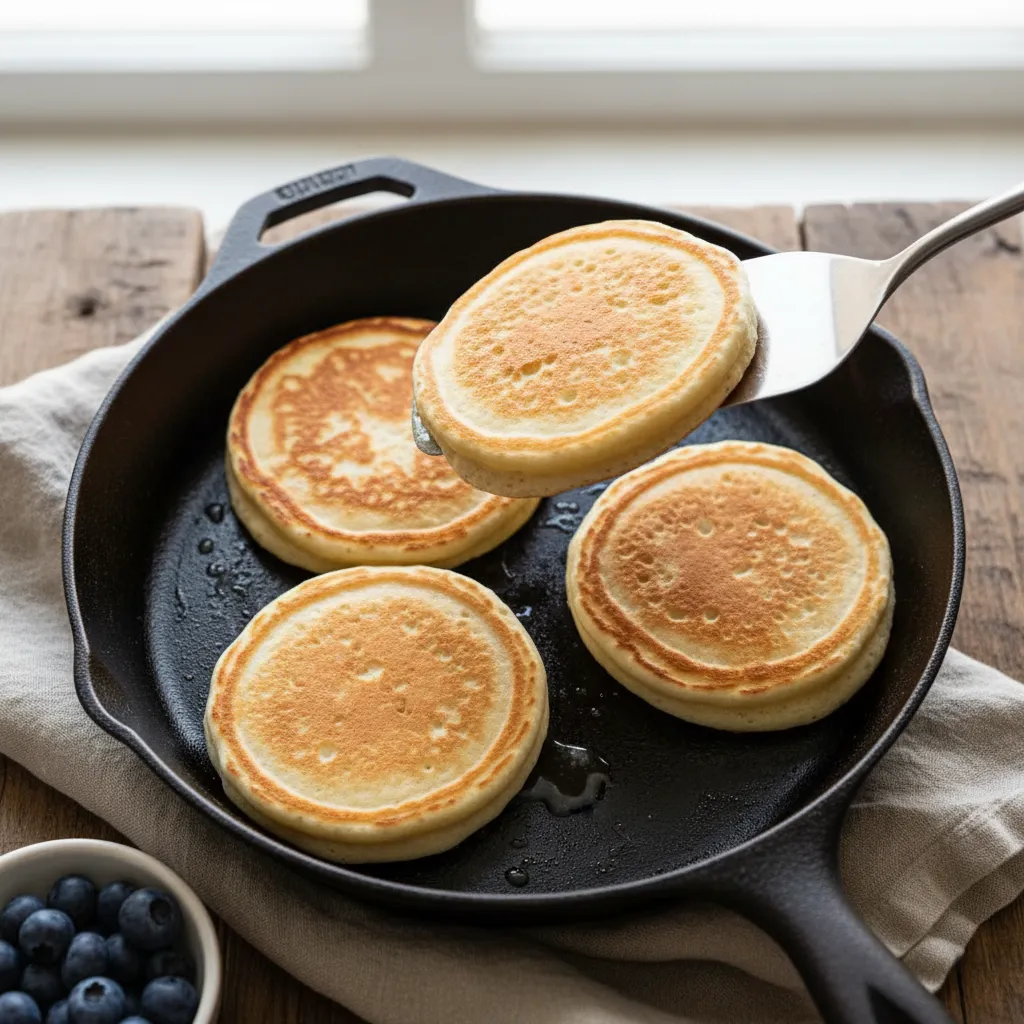 Perfectly caramelized buttermilk pancake in a skillet