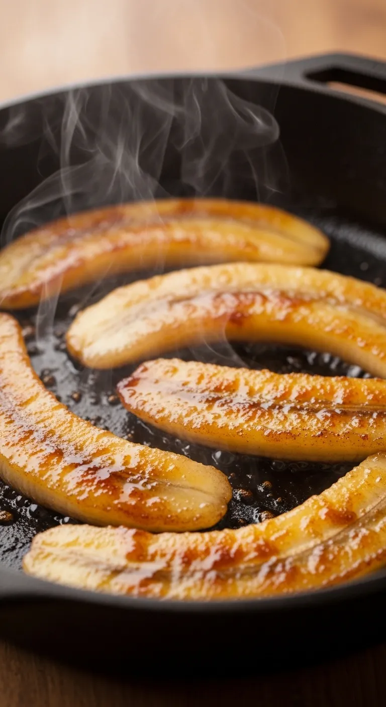 Slices of yellow bananas caramelizing in a skillet with cinnamon glaze