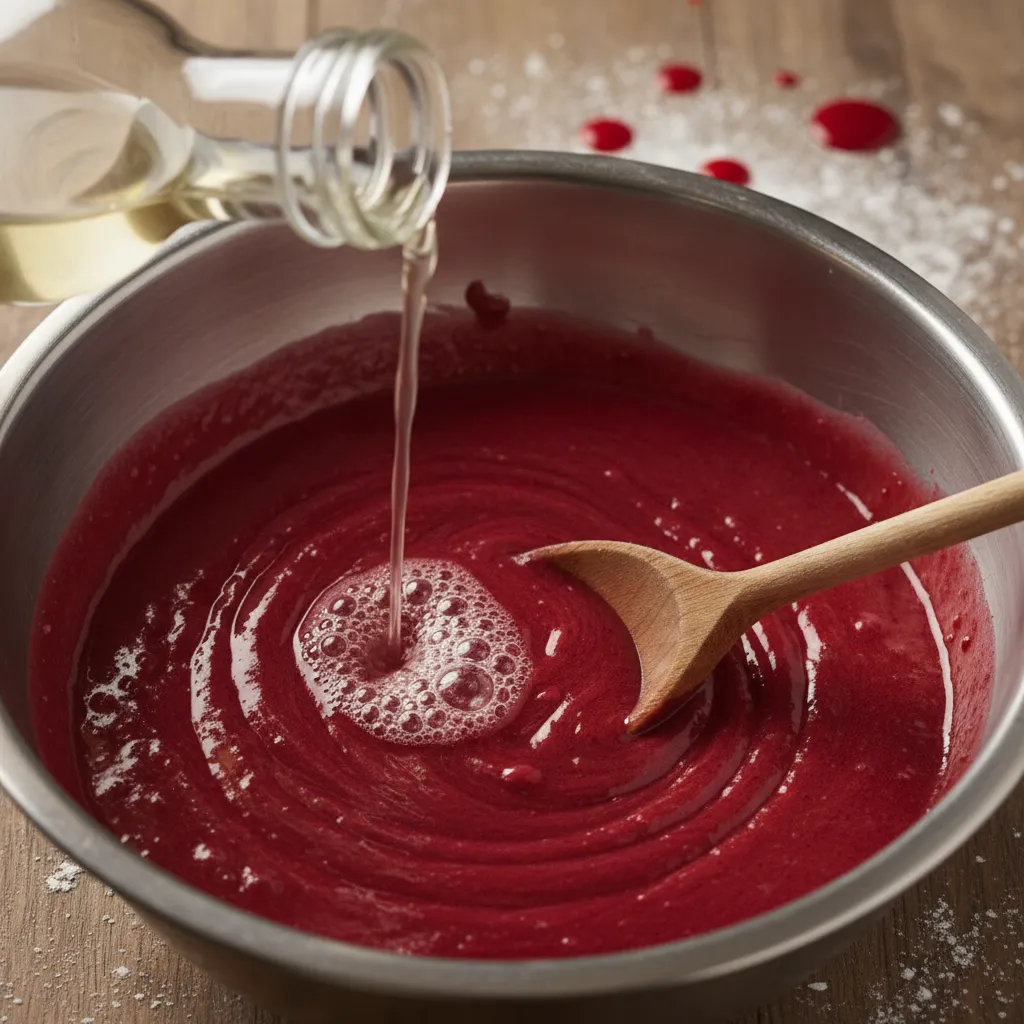 Bubbling red velvet cake batter showing chemical reaction