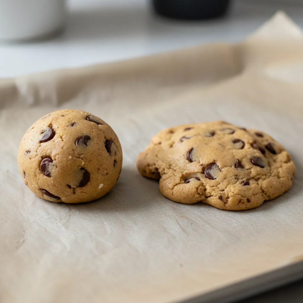 Comparison of firm chilled cookie dough and soft room temperature dough on baking sheet