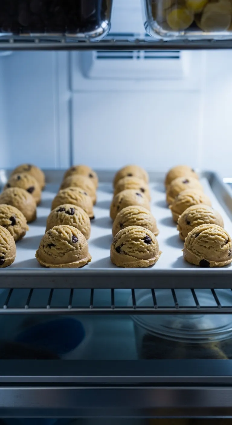 Cookie dough balls chilling in the refrigerator to prevent spreading