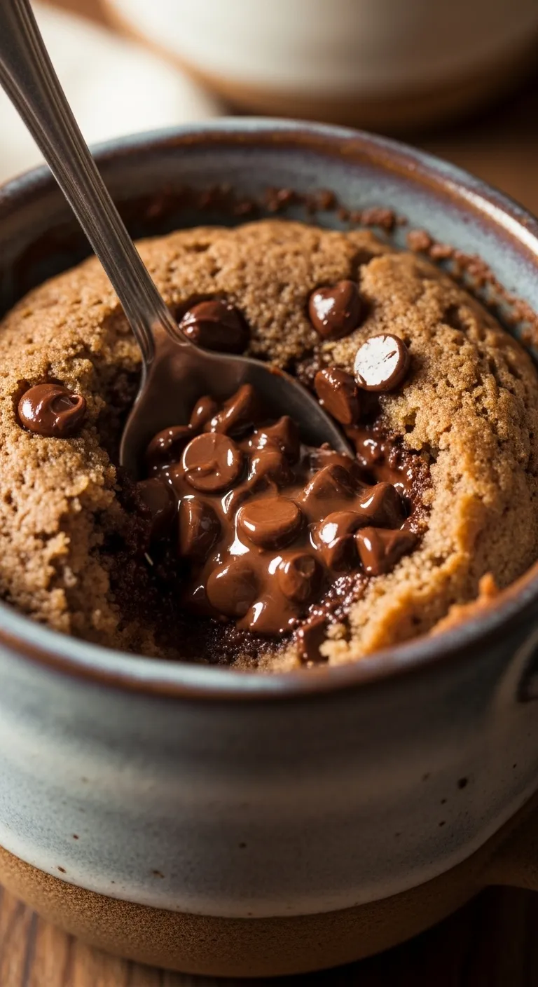 Spoon scooping moist banana mug cake revealing melted chocolate chips