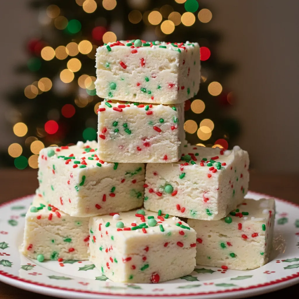 White chocolate sugar cookie fudge squares with red and green sprinkles on a holiday plate