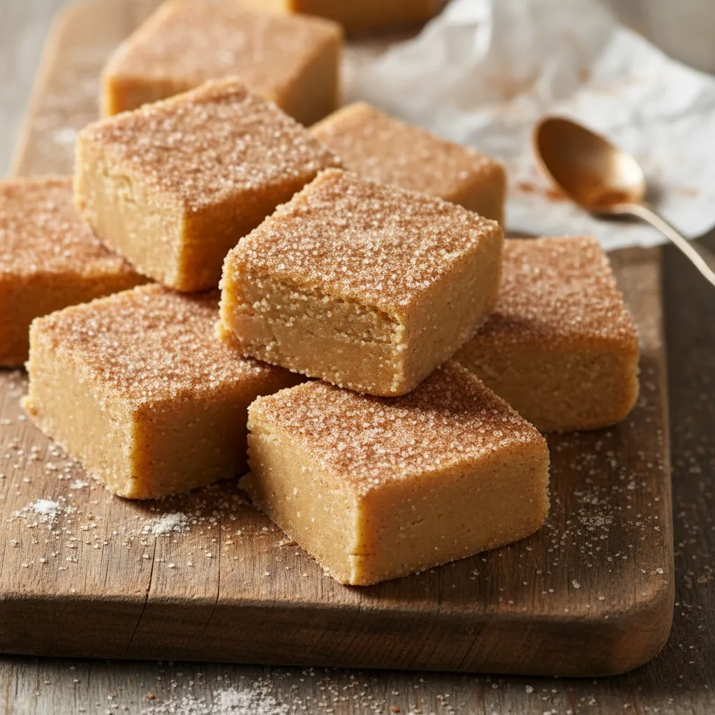 Close up of creamy snickerdoodle cookie dough fudge topped with cinnamon sugar