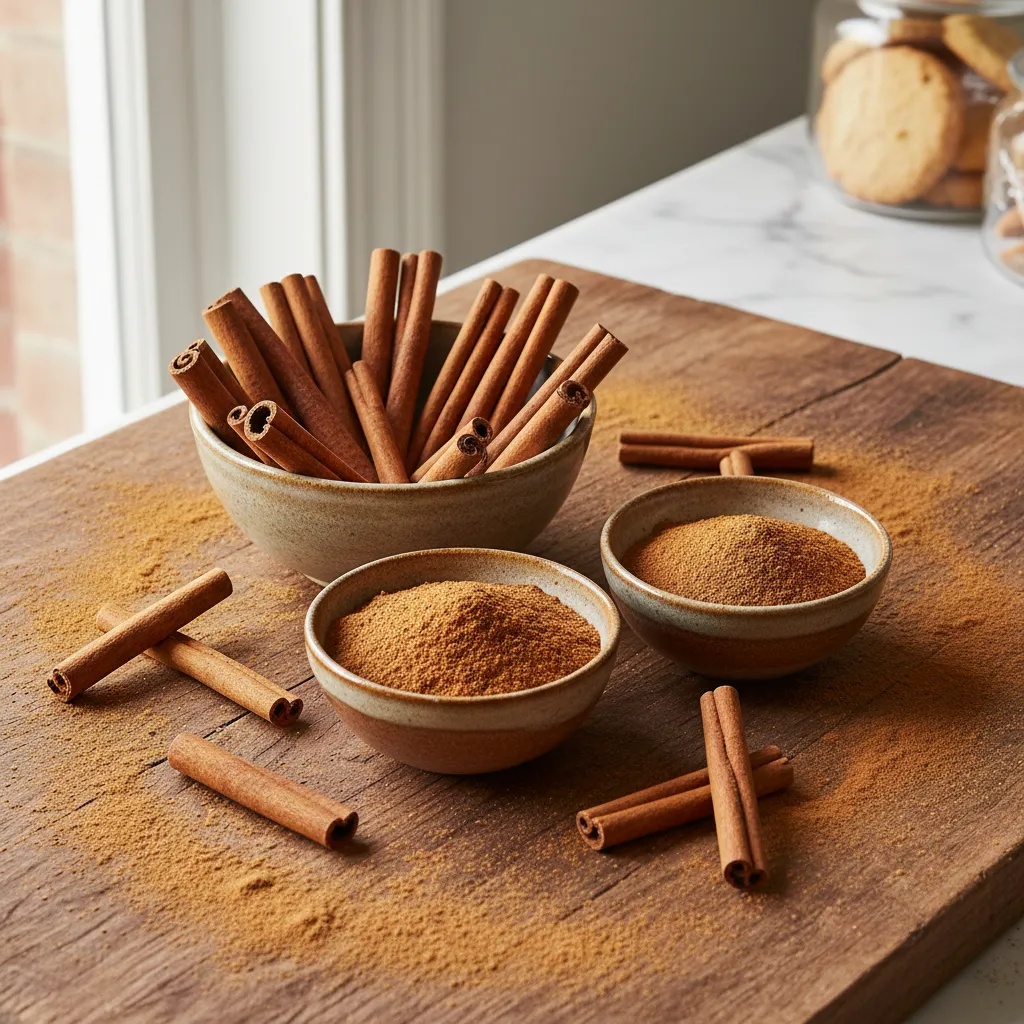 Bowls of different ground cinnamon and sticks for baking