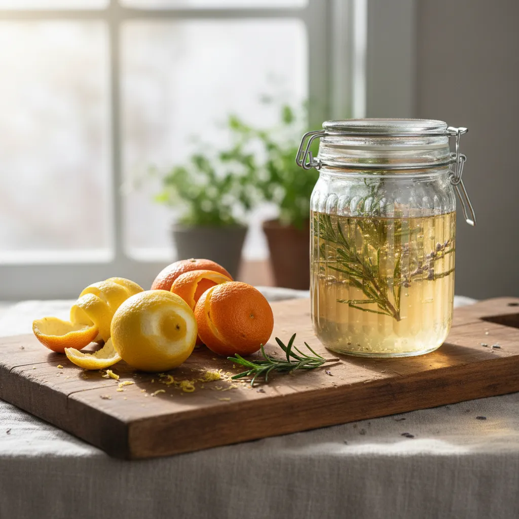 Glass jar filled with lemon peels and vinegar for zero waste cleaning