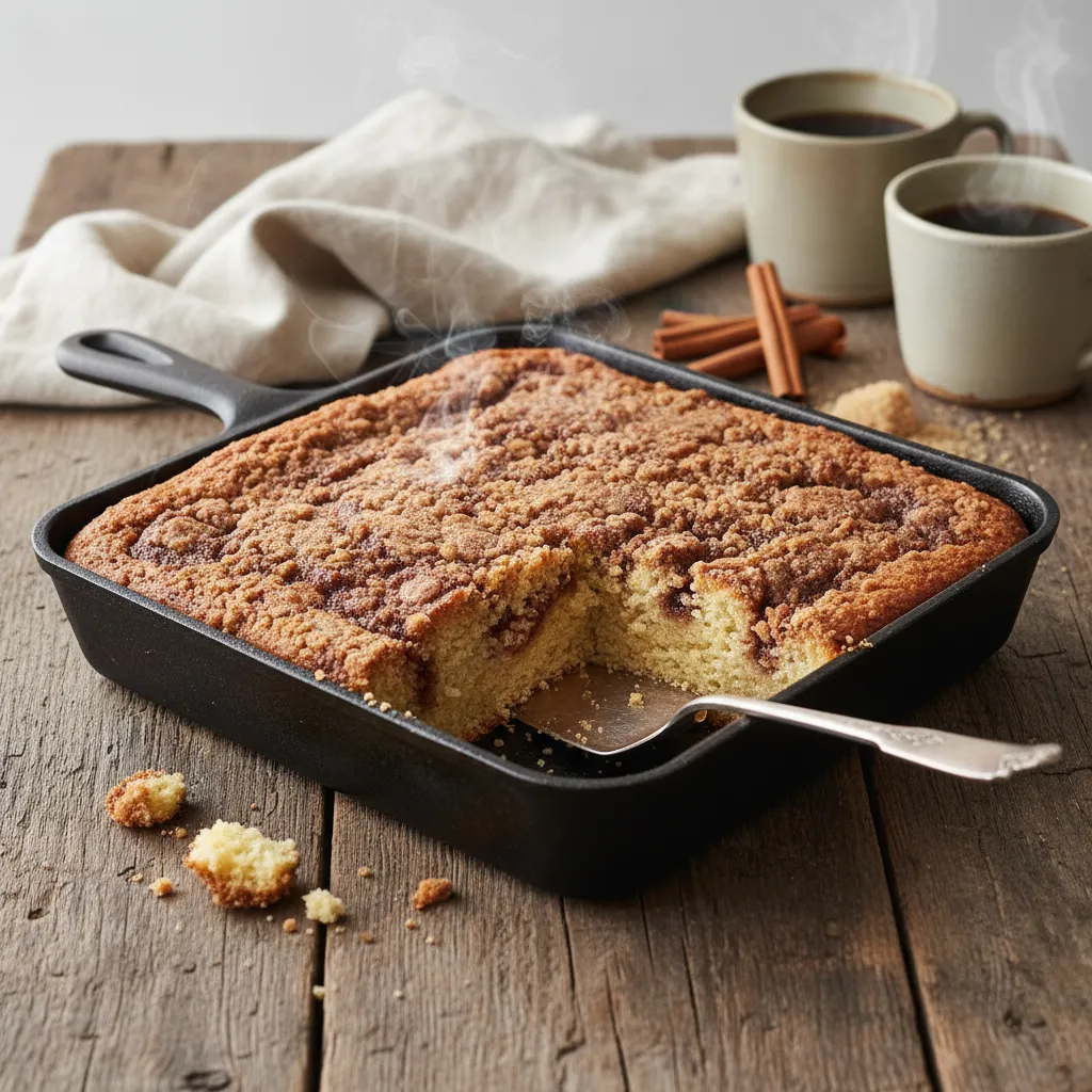 Freshly baked cinnamon coffee cake with streusel topping in a square pan