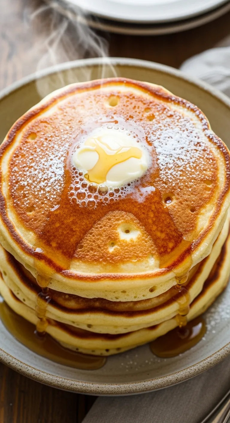 A stack of golden brown fluffy pancakes in a white bowl
