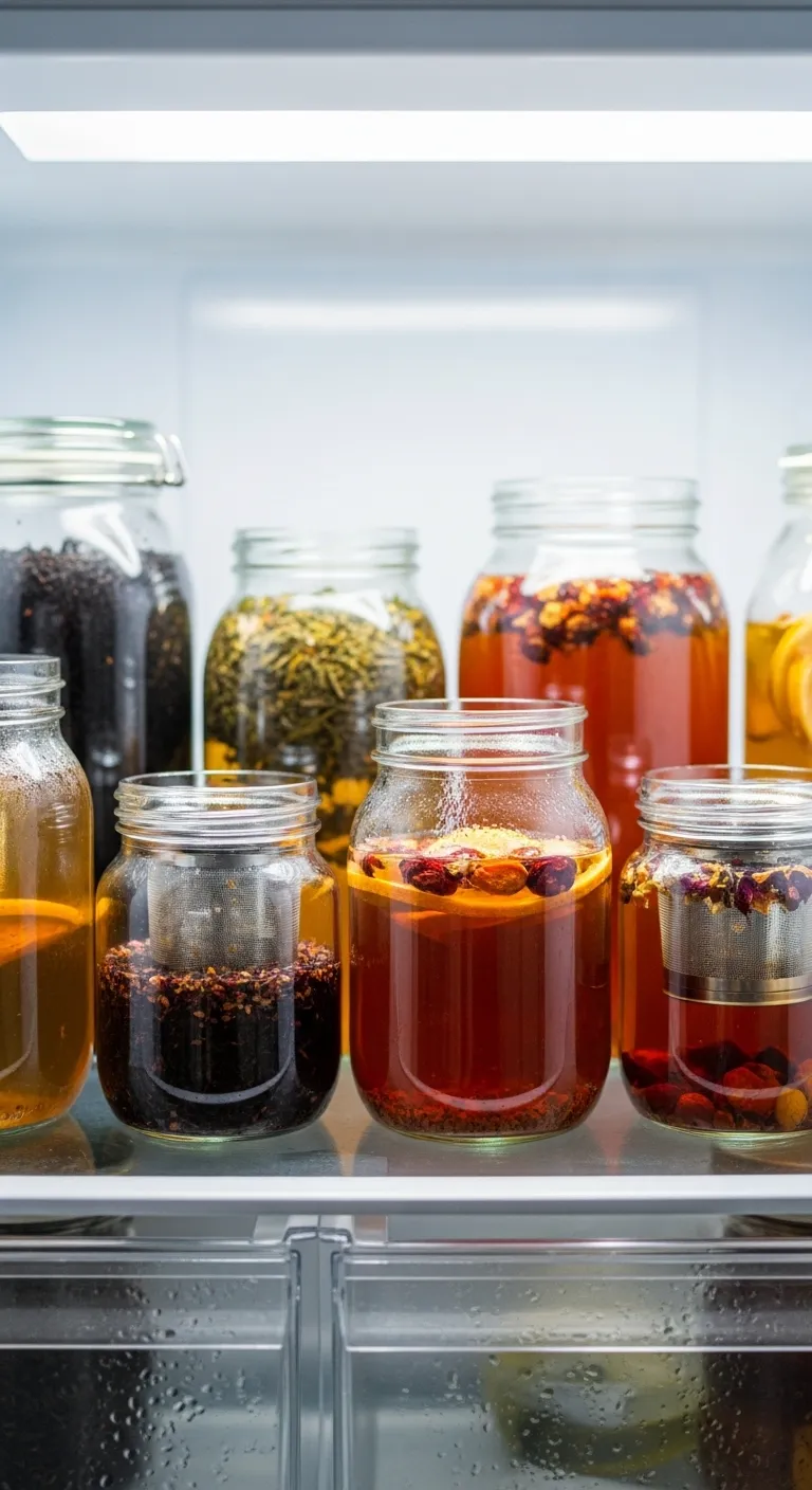 Glass jars of tea infusing in the refrigerator for cold brew.