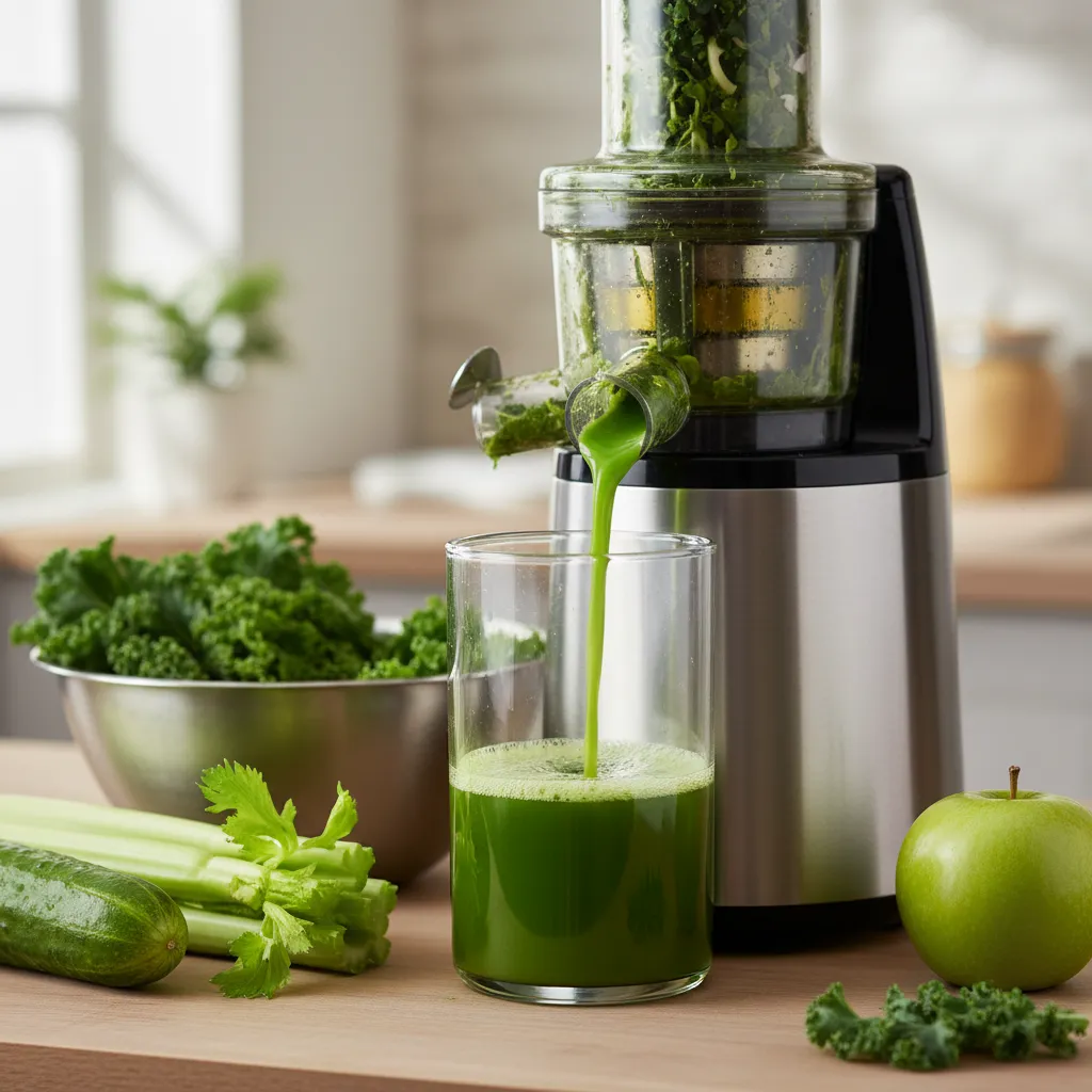 Green juice flowing from a masticating juicer