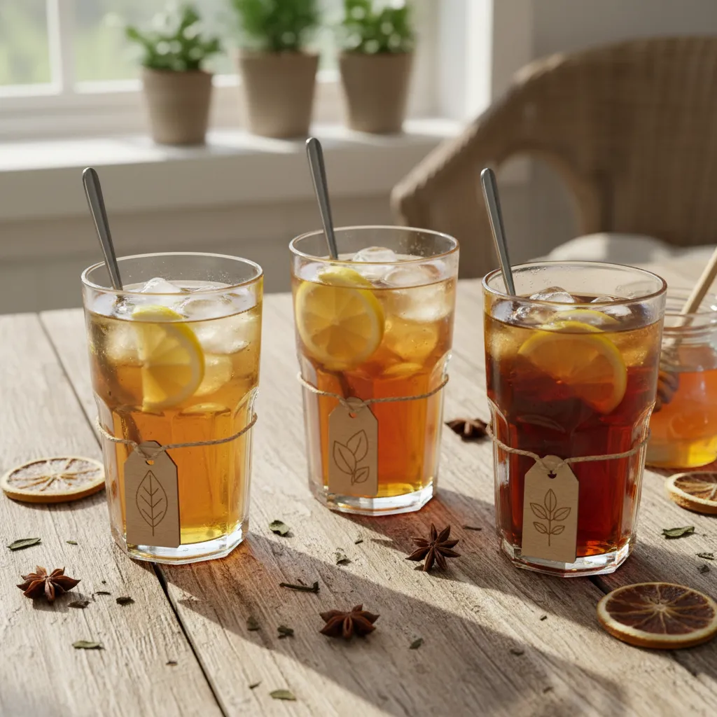 Three glasses of iced tea with varying sweetness levels