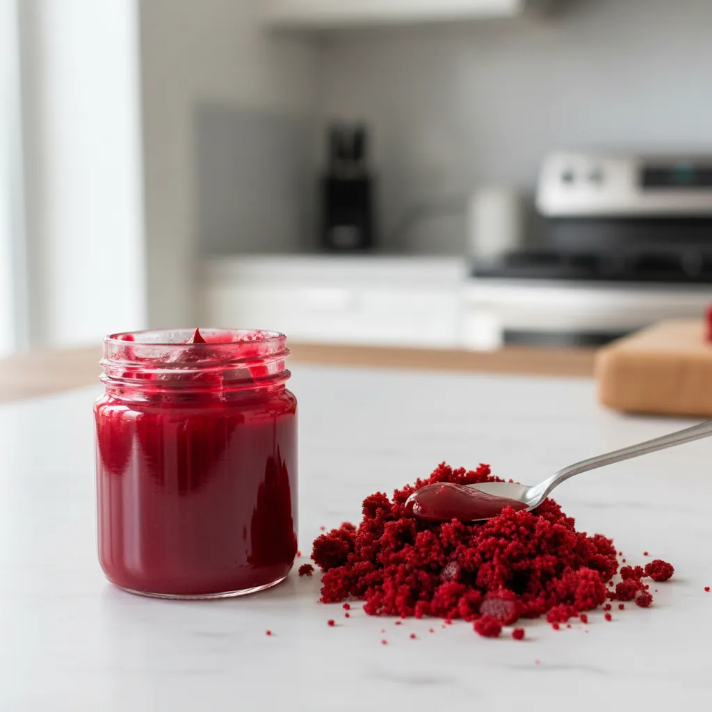 Crimson gel paste jar next to a moist red velvet cake crumb