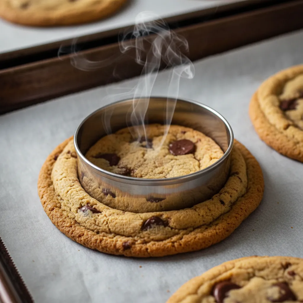 Using a biscuit cutter to reshape hot cookies on a baking sheet